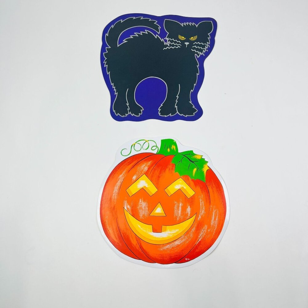 Vintage 2 Halloween Placemats Cat & Pumpkin Die-Cut Holiday Decorations 14" 15"